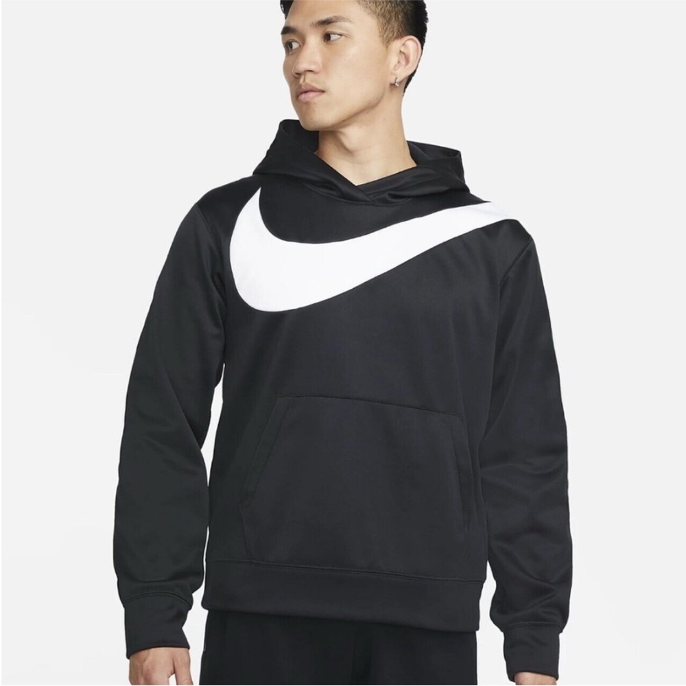 Nike Men's Black and White Swoosh therma-fit Hoodie